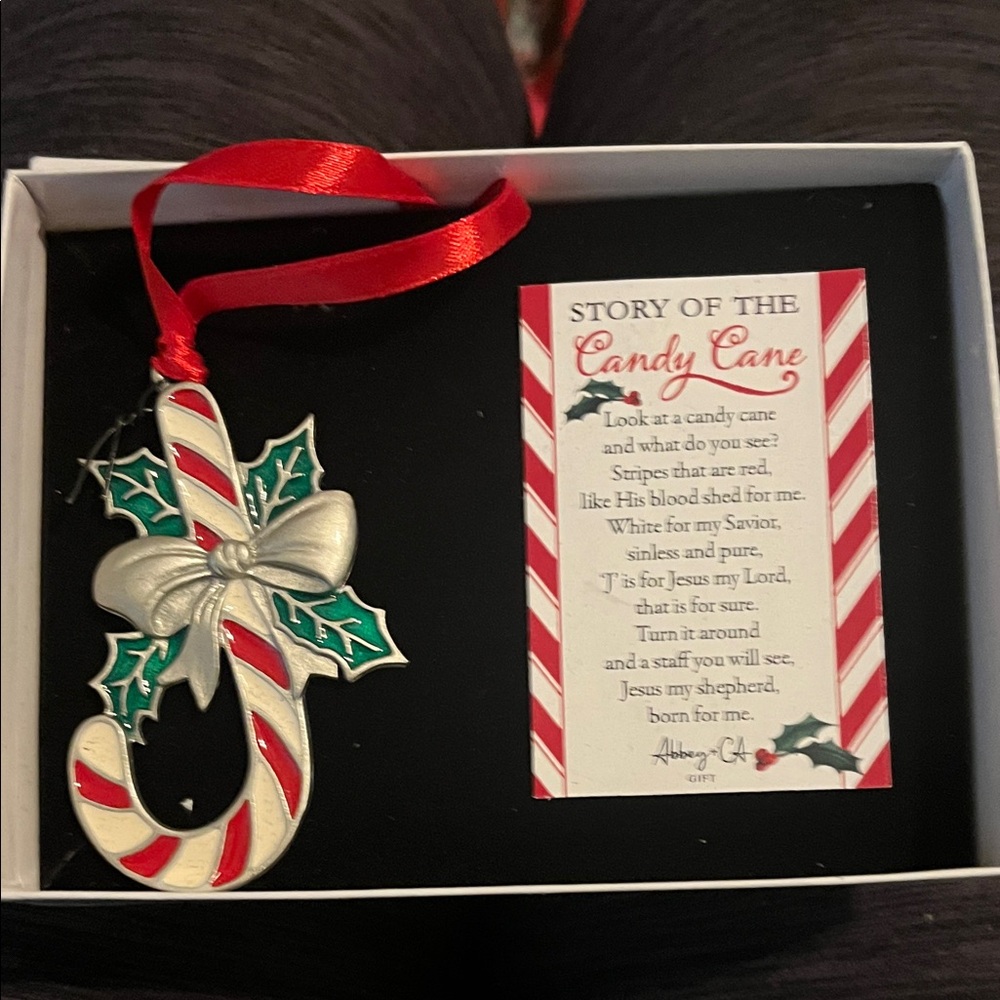 Candy Cane Ornament with Red Ribbon and Green Leaves